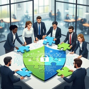 Represents a diverse team collaborating to build a shield-shaped puzzle, symbolizing how strong organisational culture supports robust information security.